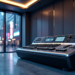 A futuristic music production console in a high-tech recording studio with cityscape at dusk through a floor-to-ceiling window, showcasing top gadgets with 5G connectivity.