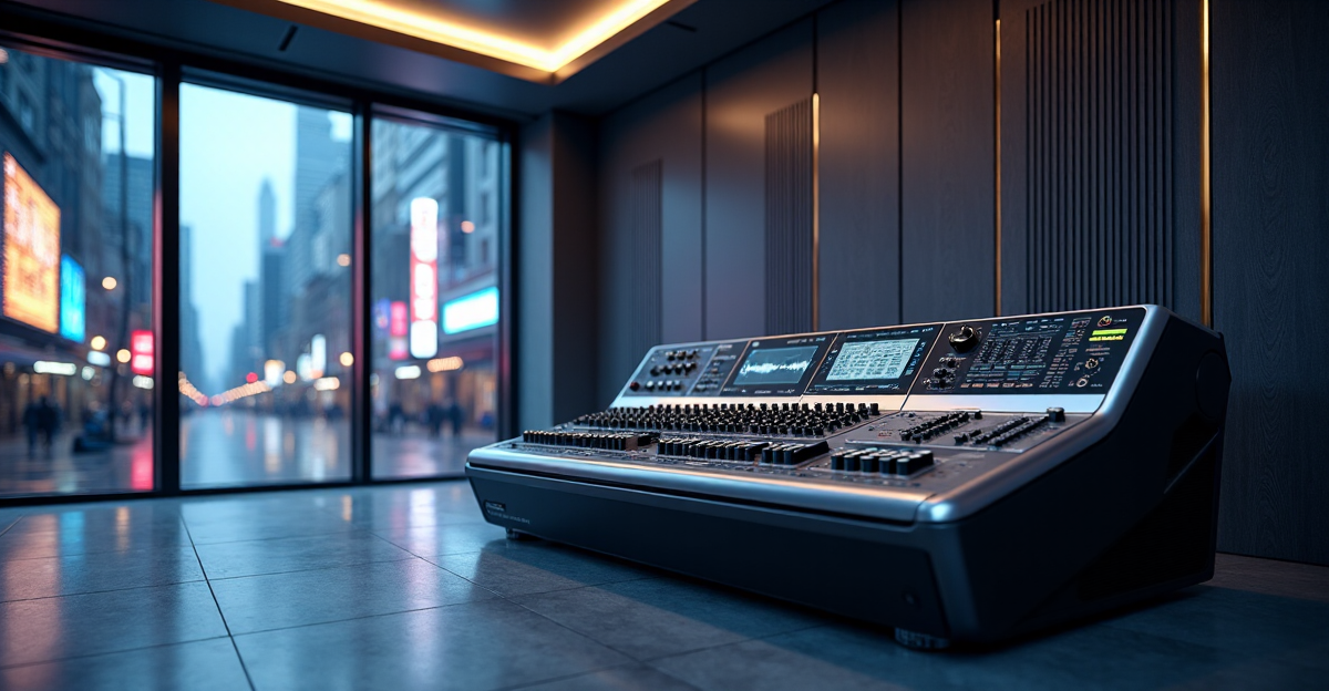 A futuristic music production console in a high-tech recording studio with cityscape at dusk through a floor-to-ceiling window, showcasing top gadgets with 5G connectivity.
