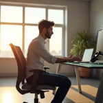 "A young professional sits at a glass desk with high-tech gadgets, including a state-of-the-art laptop and wireless keyboard, amidst a serene office workspace."