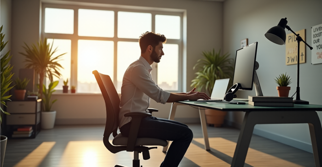 "A young professional sits at a glass desk with high-tech gadgets, including a state-of-the-art laptop and wireless keyboard, amidst a serene office workspace."