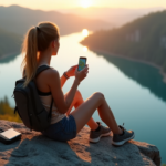 "A young woman sits on a rocky outcrop overlooking a serene lake at sunrise, surrounded by lush greenery, using mobile gadgets including a portable power bank, GPS device, and smartphone with top-notch 5G connectivity."