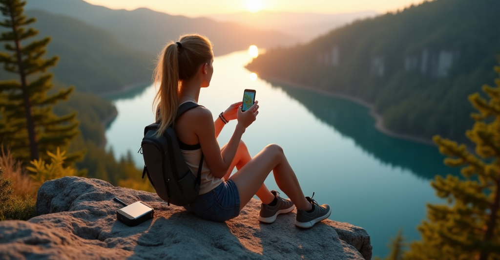 "A young woman sits on a rocky outcrop overlooking a serene lake at sunrise, surrounded by lush greenery, using mobile gadgets including a portable power bank, GPS device, and smartphone with top-notch 5G connectivity."