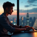 "Unlock Blockchain Basics: Mastering Budget-Friendly Tech for a Smarter Future" "A young adult studies a blockchain diagram on a laptop in a dimly lit room with cityscape views, surrounded by budget-friendly tech accessories."