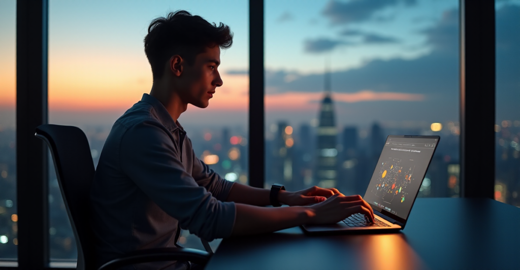 "A young adult studies a blockchain diagram on a laptop in a dimly lit room with cityscape views, surrounded by budget-friendly tech accessories."