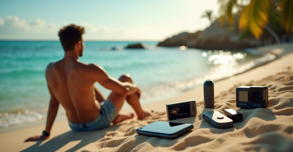 A person relaxes on a beach with mobile travel gadgets arranged before them, showcasing top 5G connectivity features amidst serene ocean scenery.
