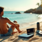 A person relaxes on a beach with mobile travel gadgets arranged before them, showcasing top 5G connectivity features amidst serene ocean scenery.