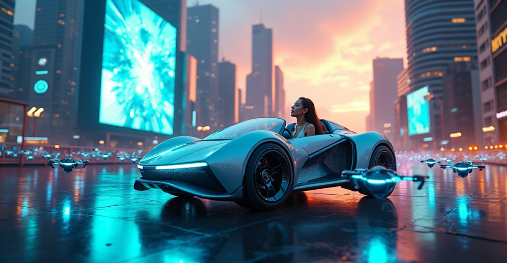"A futuristic cityscape at dusk featuring a flying car with glowing neon lights and holographic displays, surrounded by miniature drones and towering skyscrapers."