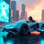 "A futuristic cityscape at dusk featuring a flying car with glowing neon lights and holographic displays, surrounded by miniature drones and towering skyscrapers."