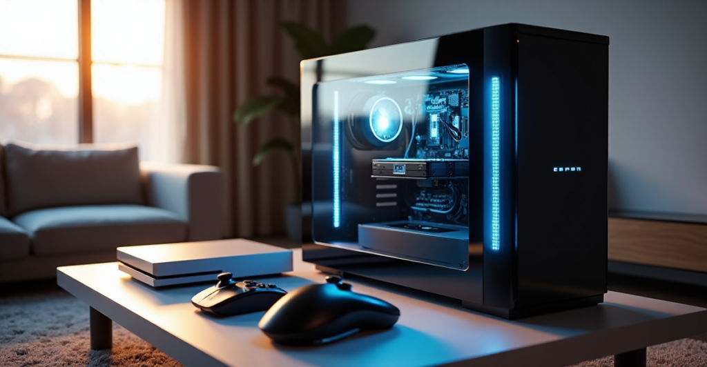 "A sleek gaming setup in a modern living room features a state-of-the-art PC with glowing circuitry, a high-end console, and premium accessories, showcasing cutting-edge technology."