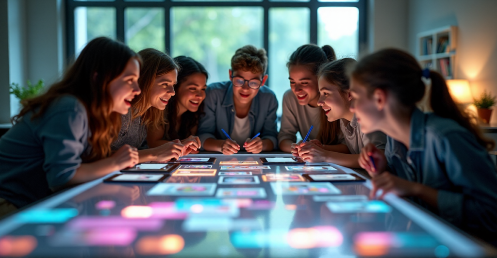 "A group of diverse students enthusiastically gathered around an AR table with cutting-edge gadgets, showcasing interactive educational content amidst a modern classroom setting."