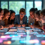 "A group of diverse students enthusiastically gathered around an AR table with cutting-edge gadgets, showcasing interactive educational content amidst a modern classroom setting."