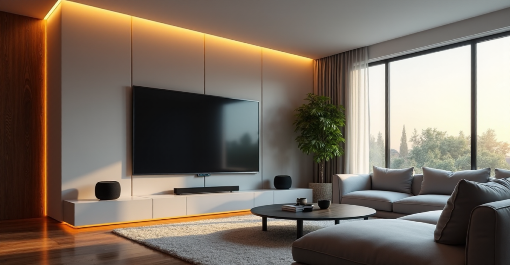 "A modern living room transformed into a cutting-edge entertainment hub featuring top 5G gadgets and AI automation devices in warm golden hour lighting."