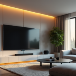 "A modern living room transformed into a cutting-edge entertainment hub featuring top 5G gadgets and AI automation devices in warm golden hour lighting."