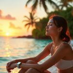 "A serene woman sits on a tranquil beach at sunset, surrounded by lush greenery, holding a sleek smartwatch and glass health tracker, exuding calm and contentment."