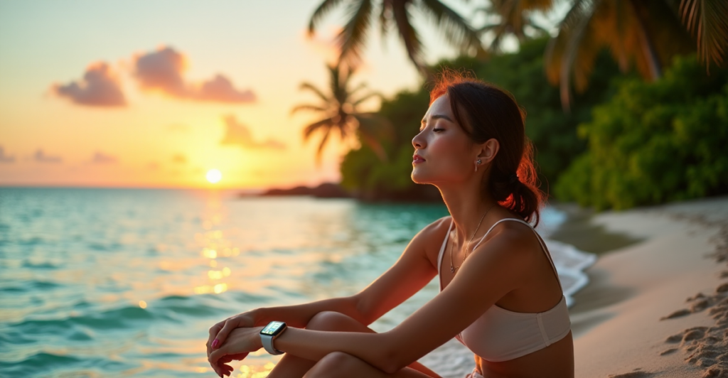 "A serene woman sits on a tranquil beach at sunset, surrounded by lush greenery, holding a sleek smartwatch and glass health tracker, exuding calm and contentment."