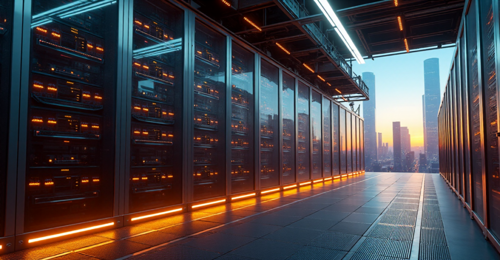 "A futuristic data center with sleek servers, fiber-optic cables, and LED lights, symbolizing seamless 5G connectivity and efficiency, setting stage for top gadgets in 2025."