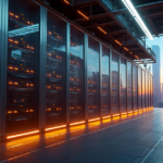 "A futuristic data center with sleek servers, fiber-optic cables, and LED lights, symbolizing seamless 5G connectivity and efficiency, setting stage for top gadgets in 2025."