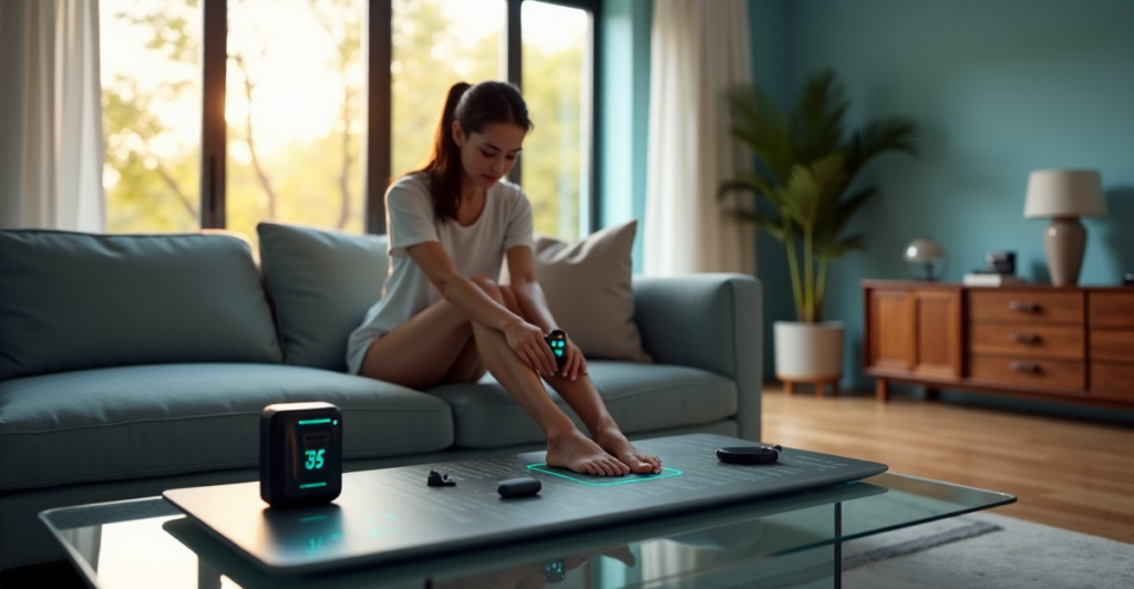 "A young woman sits on a minimalist couch, surrounded by health monitoring gadgets and cutting-edge fitness technology, intently focused on her vital signs."