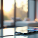 "A sleek silver smartphone on a minimalist desk in a modern living room with soft natural light, displaying a high-definition video feed from a smart home security camera."