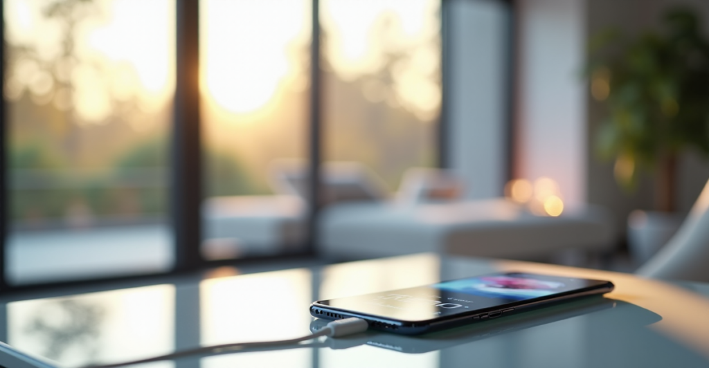 "A sleek silver smartphone on a minimalist desk in a modern living room with soft natural light, displaying a high-definition video feed from a smart home security camera."
