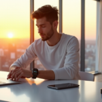 "A young adult surrounded by top 5G connectivity gadgets in a modern living room with cityscape view at sunset."