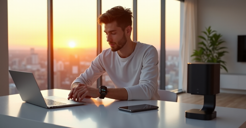 "A young adult surrounded by top 5G connectivity gadgets in a modern living room with cityscape view at sunset."