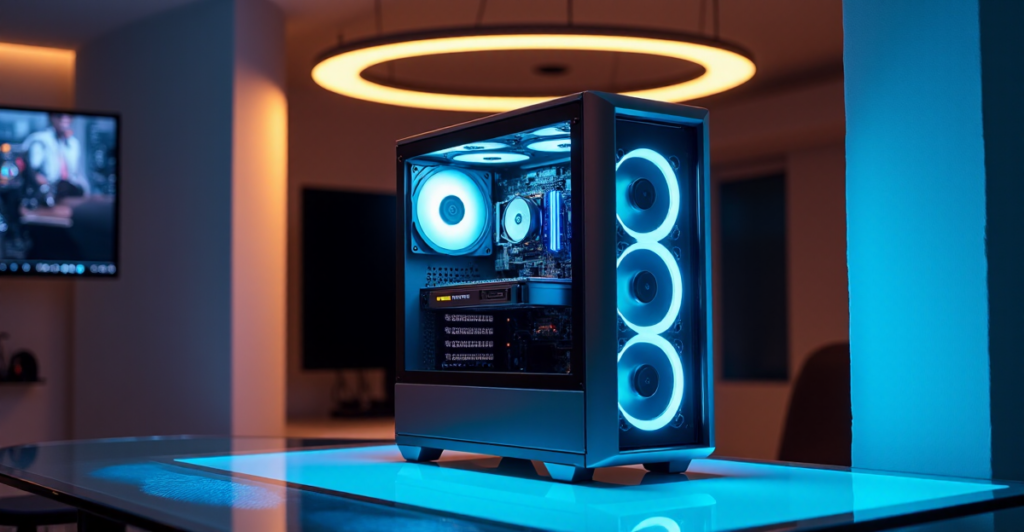 "A futuristic gaming PC on a minimalist desk in a dimly lit room with blue LED lights, showcasing top tech innovations and highlighting the importance of reliable 5G connectivity in gaming."