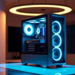 "A futuristic gaming PC on a minimalist desk in a dimly lit room with blue LED lights, showcasing top tech innovations and highlighting the importance of reliable 5G connectivity in gaming."