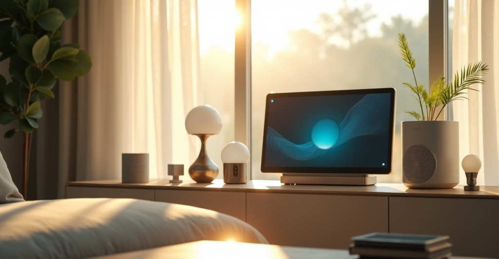 A sleek silver smart home hub surrounded by energy-efficient gadgets in a modern living room with natural light and soft shadows, evoking hope and possibility for a sustainable future featuring top green tech innovations including top 5G connectivity gadgets of 2025.