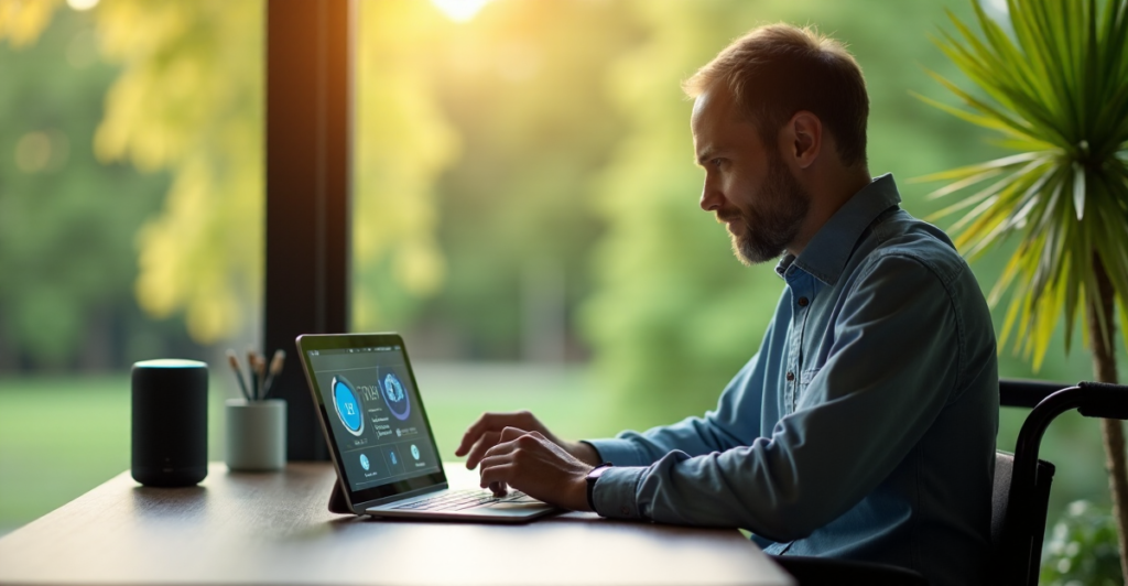 "A person with a disability uses an AI-powered automation solution at a modern desk, surrounded by lush greenery, conveying empowerment and inclusivity."