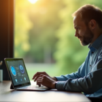 "A person with a disability uses an AI-powered automation solution at a modern desk, surrounded by lush greenery, conveying empowerment and inclusivity."