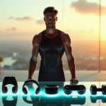 "Max Zypher stands confidently in front of a modern background with cutting-edge 5G fitness gadgets and athletic gear."