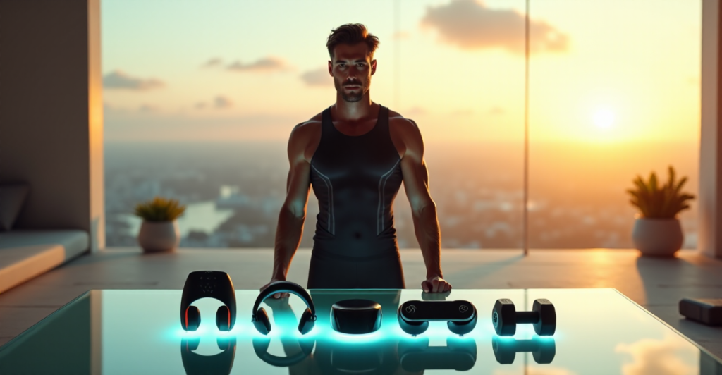 "Max Zypher stands confidently in front of a modern background with cutting-edge 5G fitness gadgets and athletic gear."