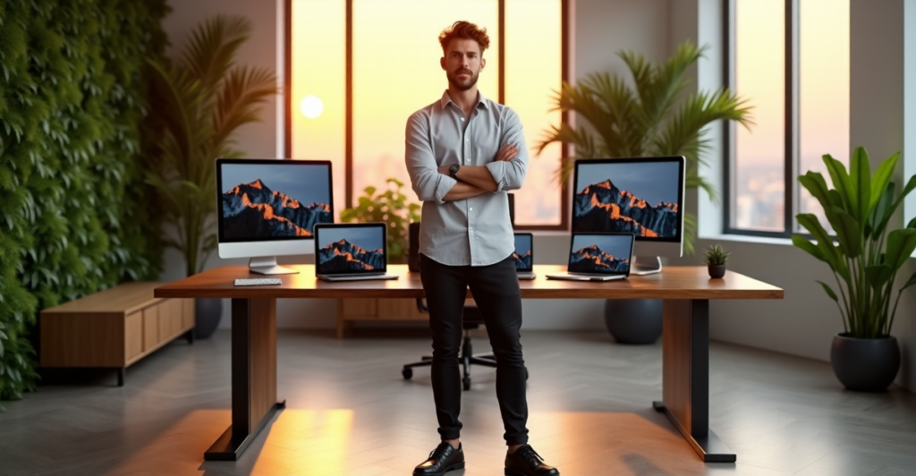 "A young professional stands confidently in front of a modern office desk surrounded by cutting-edge technology, conveying dynamism and innovation."