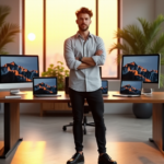 "A young professional stands confidently in front of a modern office desk surrounded by cutting-edge technology, conveying dynamism and innovation."