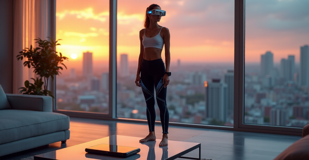 "A young woman stands confidently in a modern living room with floor-to-ceiling windows showcasing a cityscape at sunset. She wears smart glasses, high-tech leggings, and sports cutting-edge gadgets including a 5G-enabled smartphone."