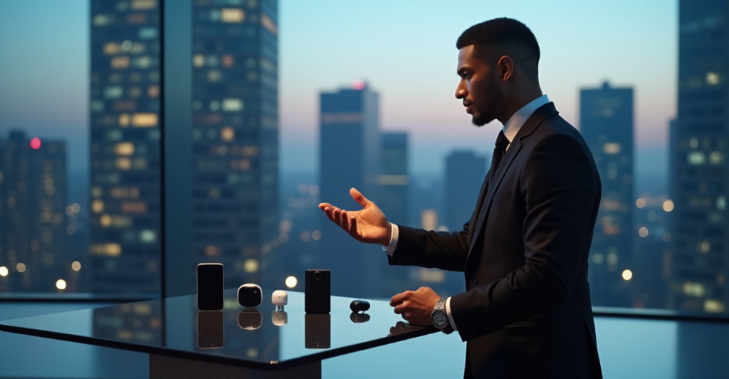 "A man in a black suit stands confidently in front of a cityscape at dusk, showcasing top 5G connectivity gadgets including a smartphone, smartwatch, earbuds, charger, and augmented reality headset."