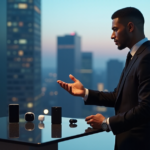 "A man in a black suit stands confidently in front of a cityscape at dusk, showcasing top 5G connectivity gadgets including a smartphone, smartwatch, earbuds, charger, and augmented reality headset."