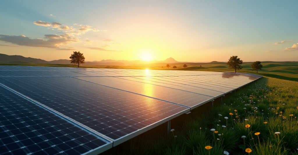 "Large-scale solar panel farm at sunrise on rolling hills, with sleek silver panels reflecting golden light amidst lush green grasslands and wildflowers."