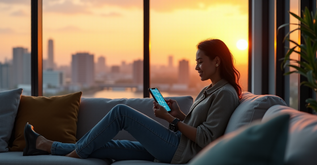 "A person sits on a modern couch in a living room with cityscape views at sunset, using top 5G connectivity gadgets."