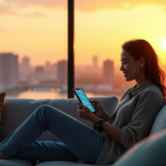 "A person sits on a modern couch in a living room with cityscape views at sunset, using top 5G connectivity gadgets."