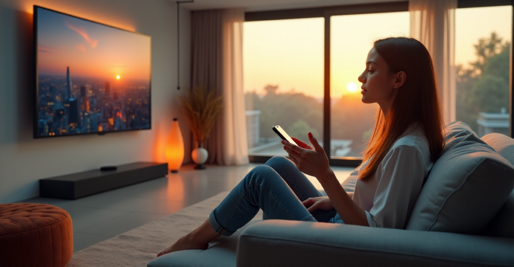 "A young woman relaxes on a modern couch amidst cutting-edge gadgets, gazing at a futuristic cityscape on a high-definition display."