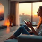 "A young woman relaxes on a modern couch amidst cutting-edge gadgets, gazing at a futuristic cityscape on a high-definition display."