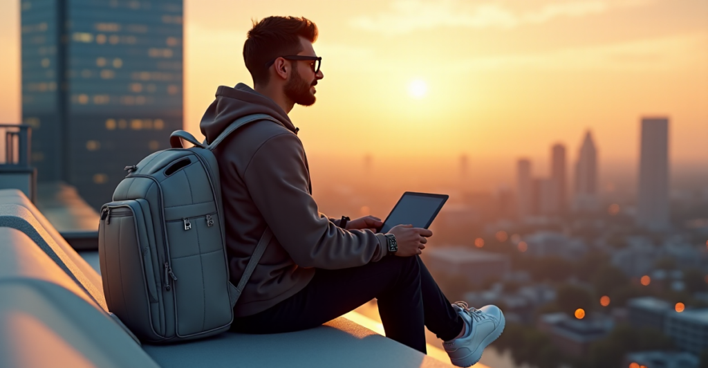 A person sits on a minimalist bench overlooking a cityscape at sunset, surrounded by portable productivity tools and sleek gadgets, exuding calm focus amidst vibrant urban energy.