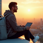 A person sits on a minimalist bench overlooking a cityscape at sunset, surrounded by portable productivity tools and sleek gadgets, exuding calm focus amidst vibrant urban energy.