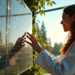 A young woman stands beside a sleek solar panel in a serene laboratory surrounded by lush greenery, her hands gently placed on its surface as if embracing eco-friendly tech with hope and promise for a sustainable future amidst top 5G connectivity innovations.
