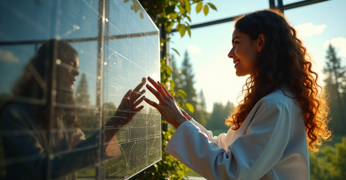 A young woman stands beside a sleek solar panel in a serene laboratory surrounded by lush greenery, her hands gently placed on its surface as if embracing eco-friendly tech with hope and promise for a sustainable future amidst top 5G connectivity innovations.