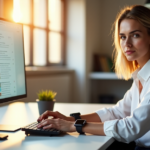 "A young professional sits at a minimalist desk with cutting-edge gadgets and a high-resolution monitor, exuding calm determination in a well-lit office environment."