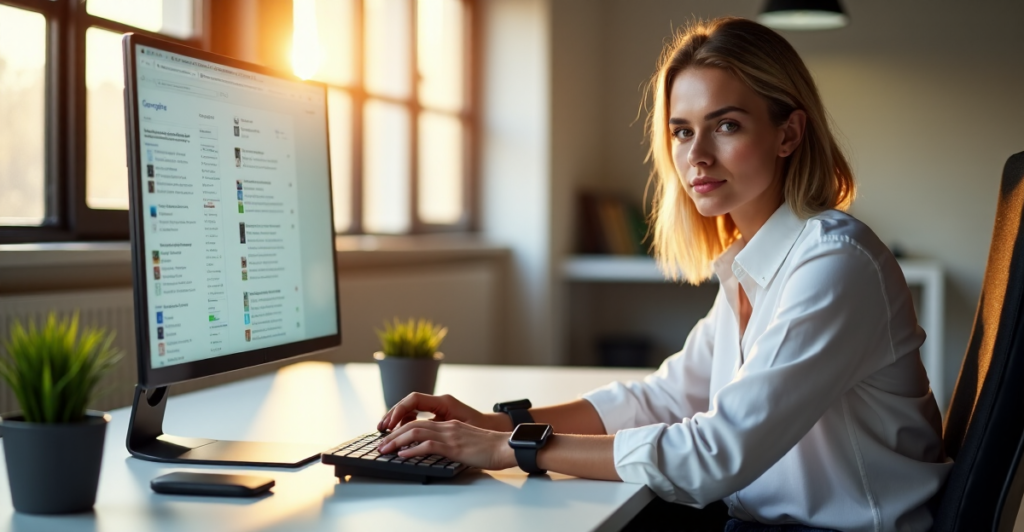 "A young professional sits at a minimalist desk with cutting-edge gadgets and a high-resolution monitor, exuding calm determination in a well-lit office environment."