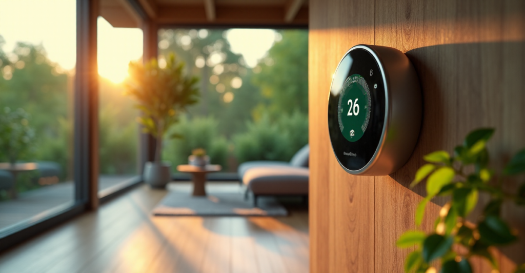 "A modern living room with a sleek smart thermostat, eco-friendly gadgets, and lush greenery, embodying 'Green Tech' and harmony between technology and nature."